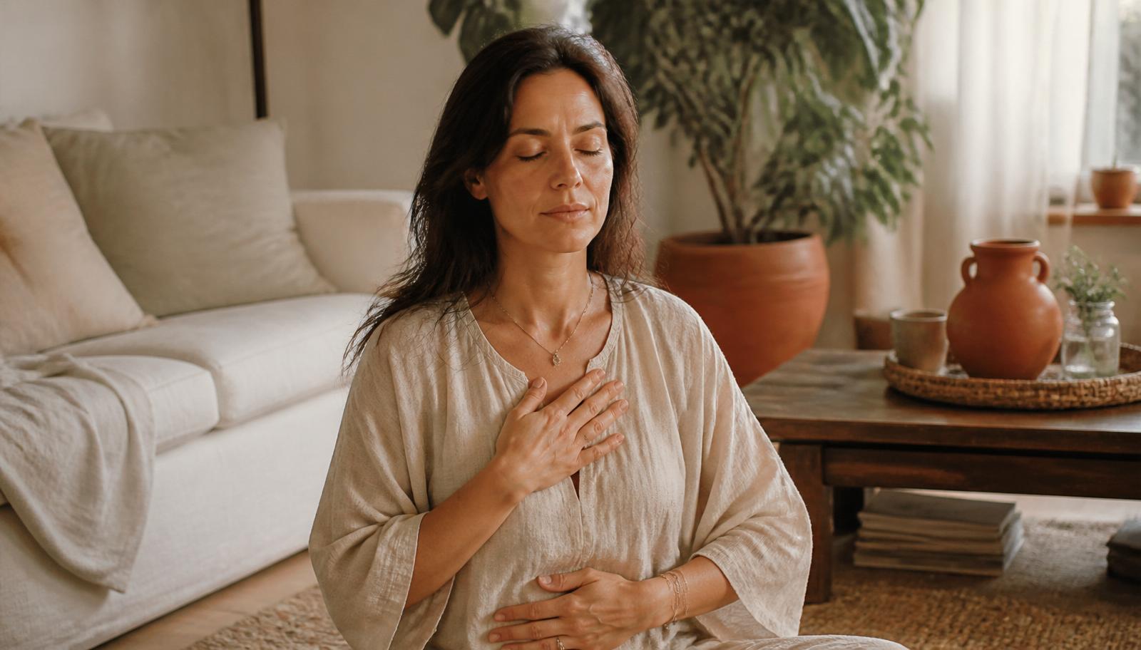 A mother grounding her nervous system with a hand on her heart and abdomen in a calm home space
