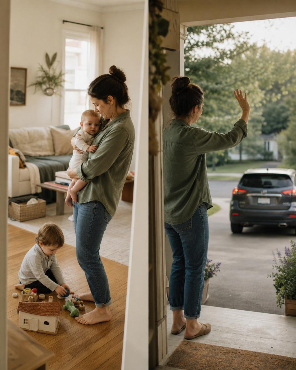 A divided scene of real-life motherhood: a mother holding a baby while a toddler plays at her feet, and the same mother waving as her older child drives away from home
